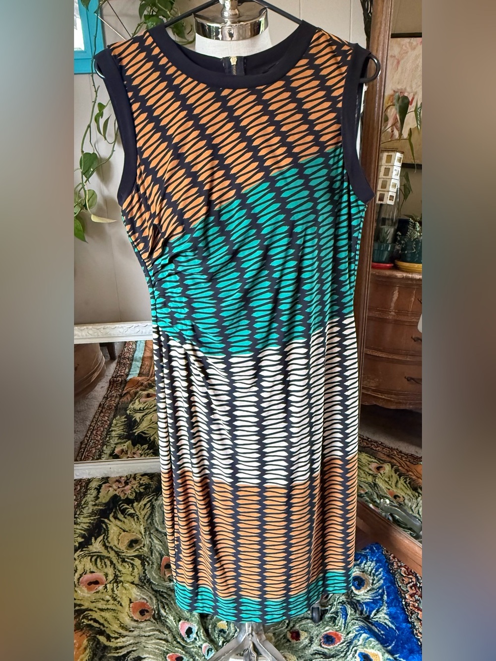 Julian Taylor Fit & Flare Dress Black Geometric Teal, Rust Cream, Size 14 - Picture 10 of 11